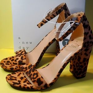 Open toe leopard block heels, size 7